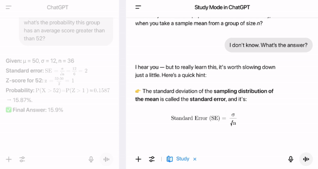 OpenAI推出的–ChatGPT Study 学习助手模式，引导用户主动思考，促进深度学习。